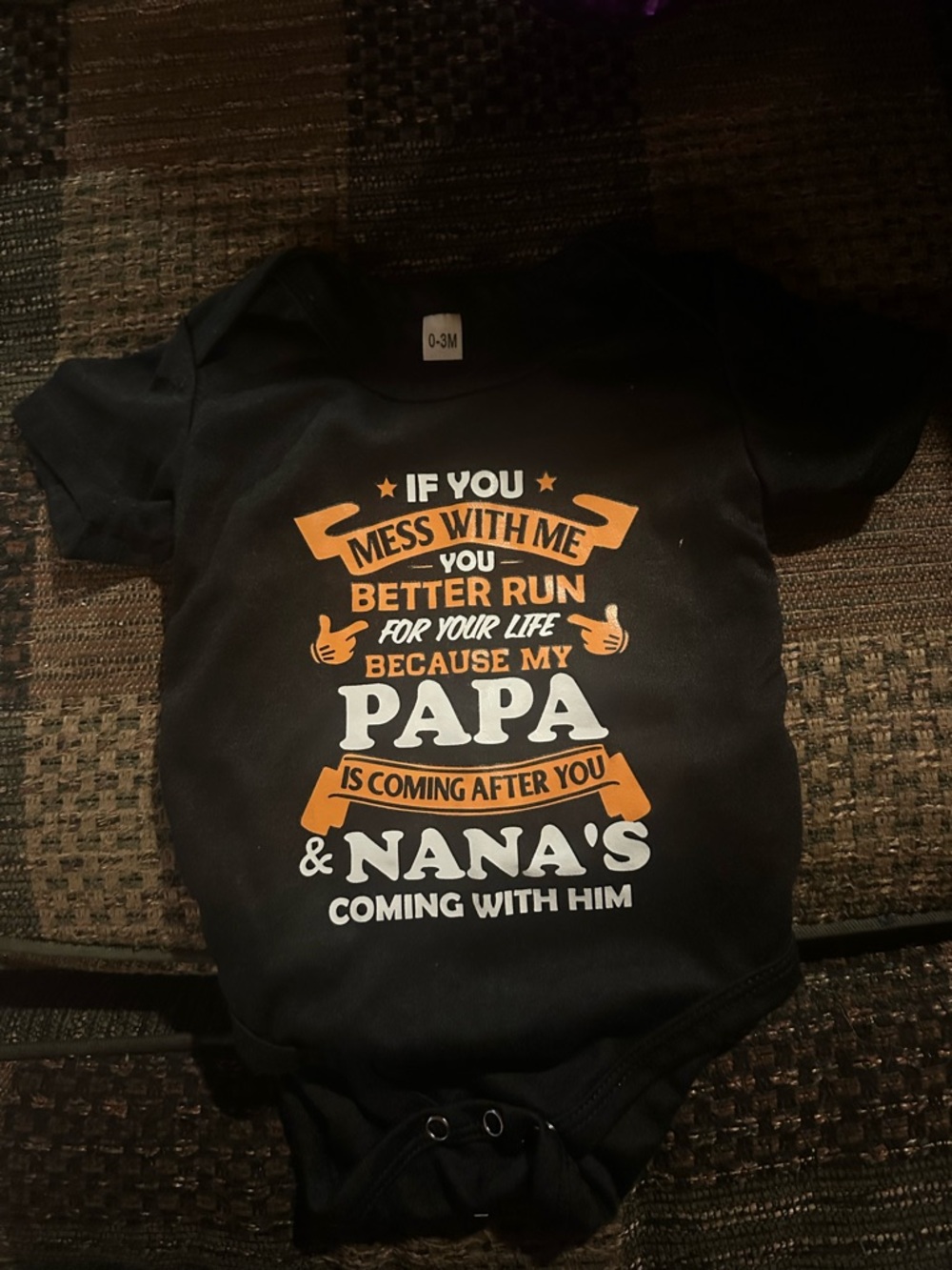 Black Kids One-Piece Bodysuit with Orange & White Papa/Nana Graphic